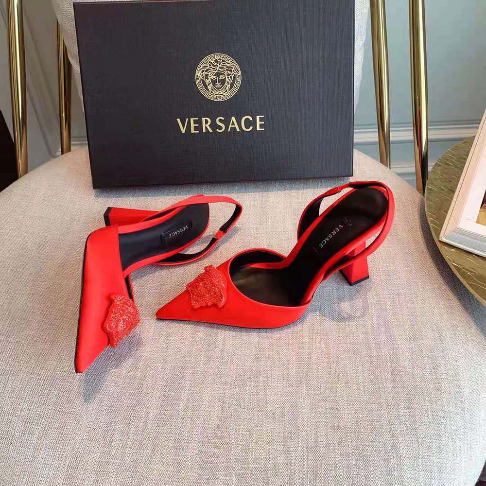 Versace Women La Medusa Satin Sling-Back Pumps in 105mm Heel Height-Red - image 5