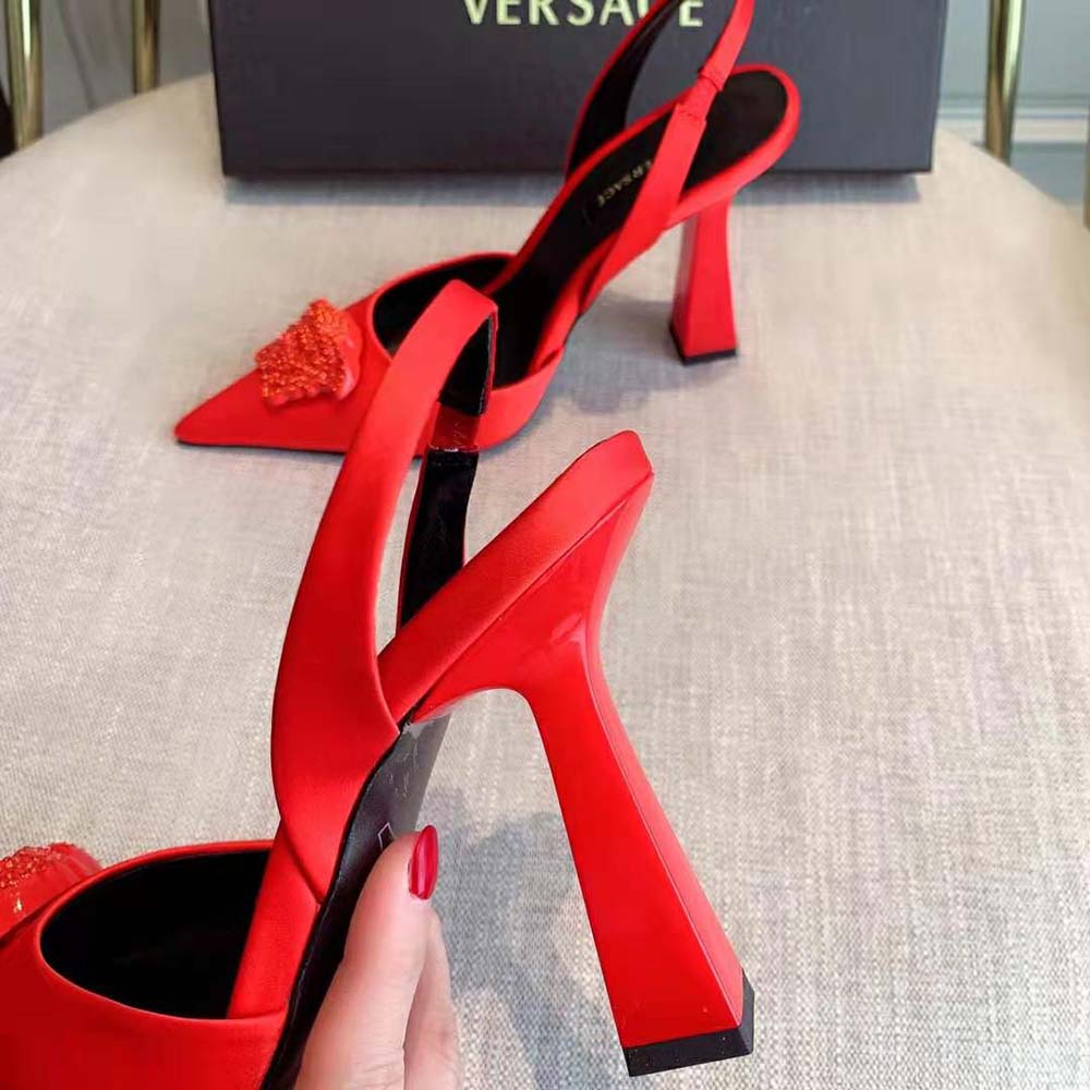 Versace Women La Medusa Satin Sling-Back Pumps in 105mm Heel Height-Red - image 8