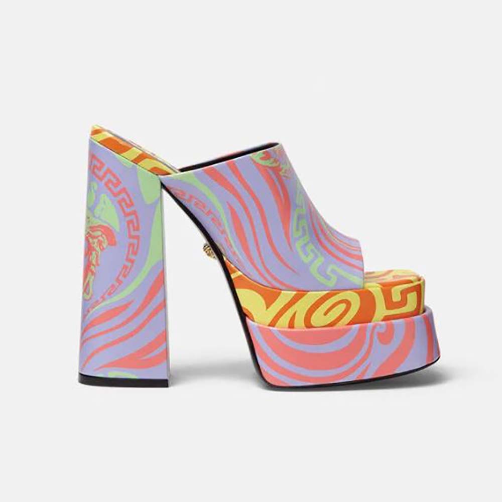 Side view of Versace Women Medusa Music Platform Mules-Purple showing silhouette