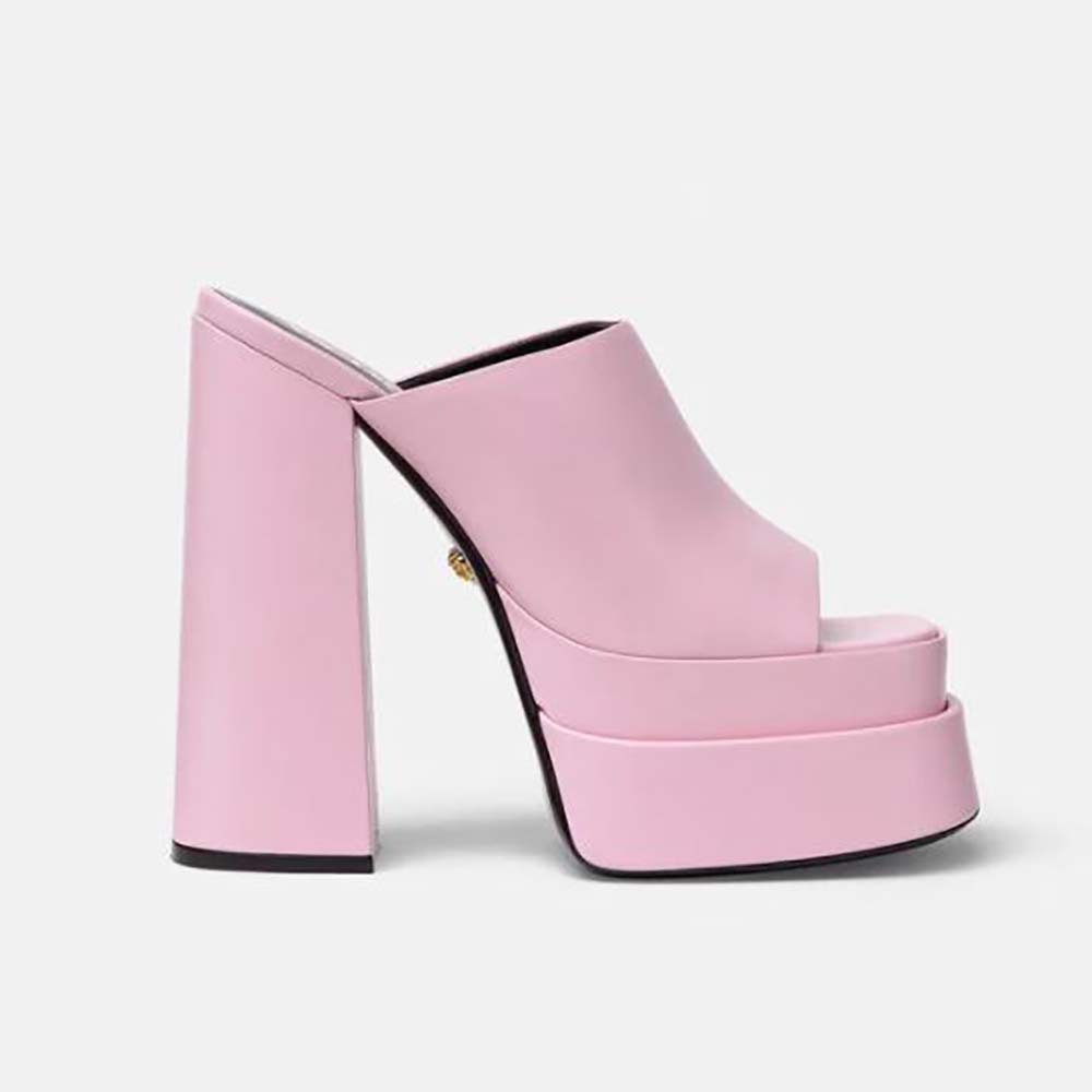 Side view of Versace Women Platform Mules in Calf Leather-Pink showing heel