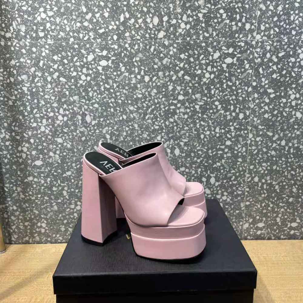 Top-down angle of slip-on pink calf leather Versace Women Platform Mules