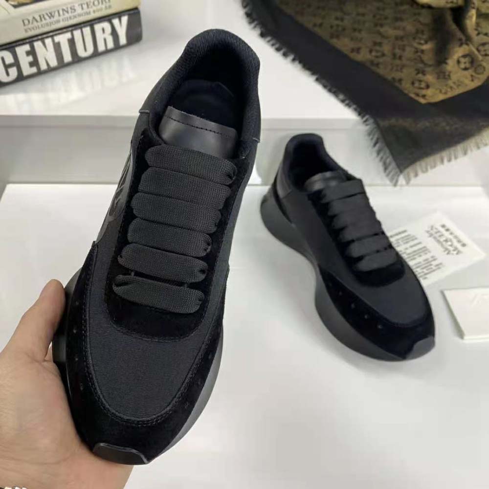 Top view showing lace-up closure on Alexander Mcqueen Sprint Runner black sneakers