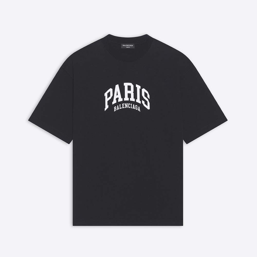 Front view of Balenciaga Men Cities Paris T-shirt Medium Fit in Black