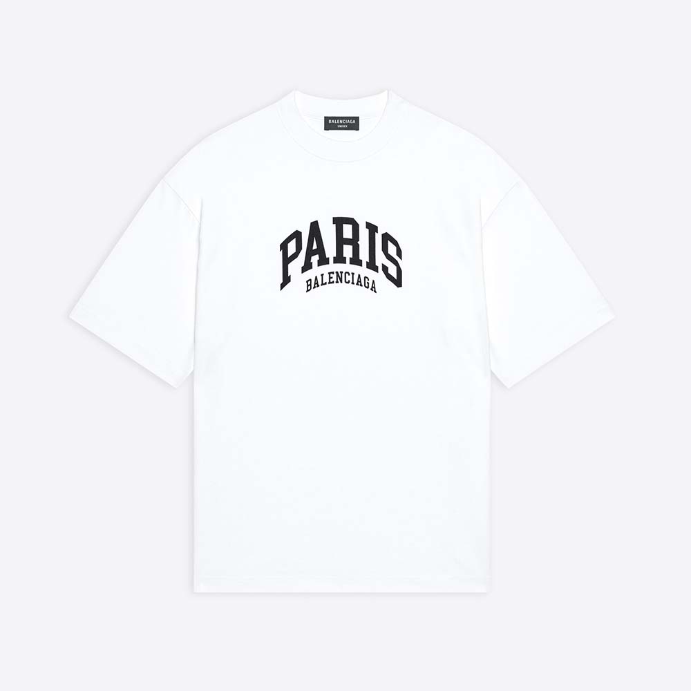 Front view of Balenciaga Men Cities Paris T-shirt Medium Fit in White