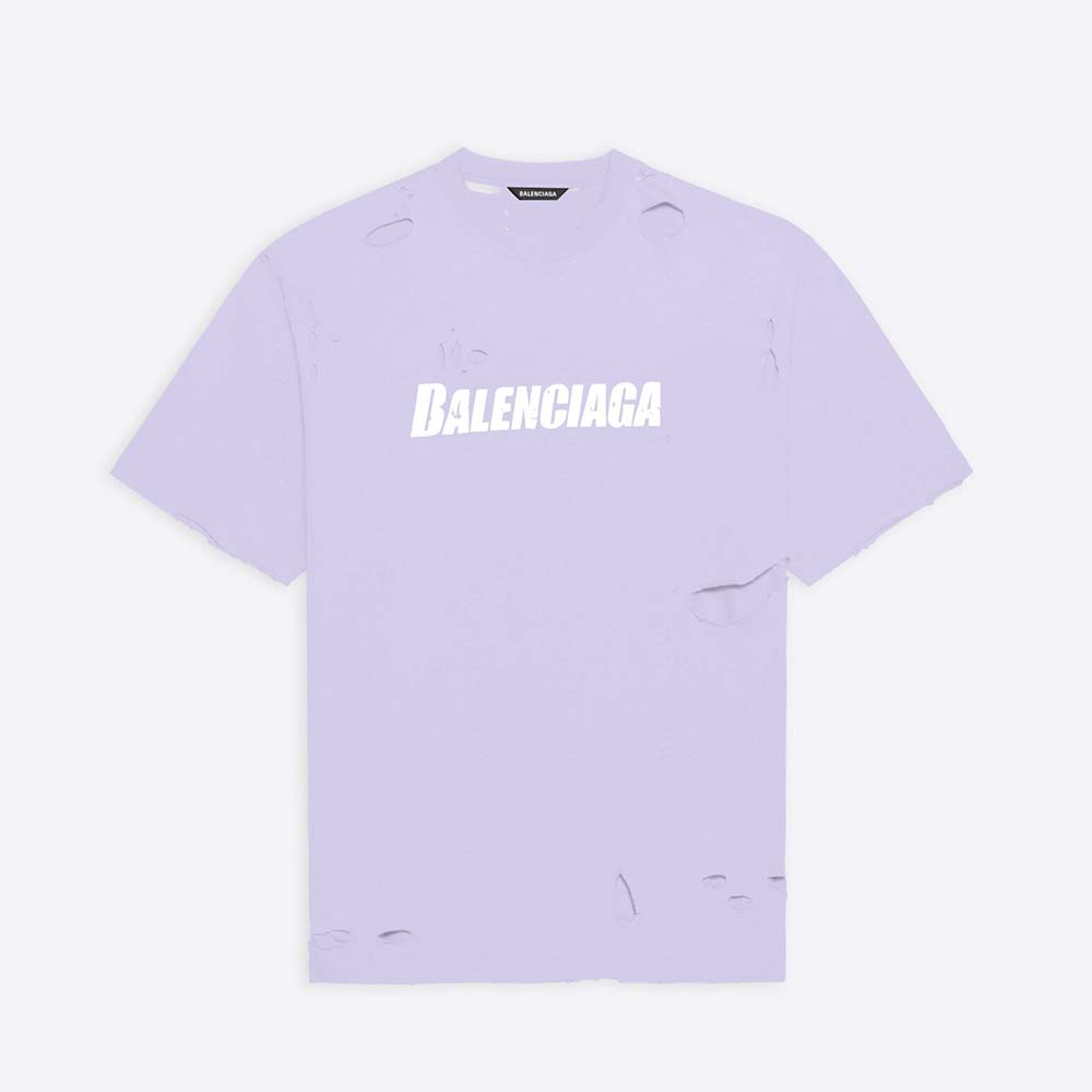 Front view of Balenciaga Women Destroyed T-shirt Boxy Fit in Purple