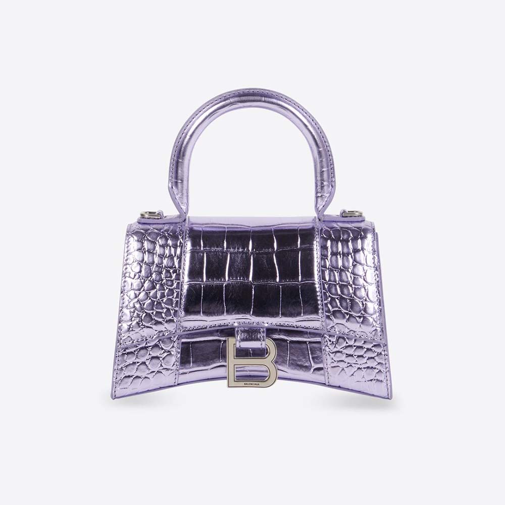 Front view of Balenciaga Women Hourglass XS Handbag Metallized Crocodile Embossed in Purple
