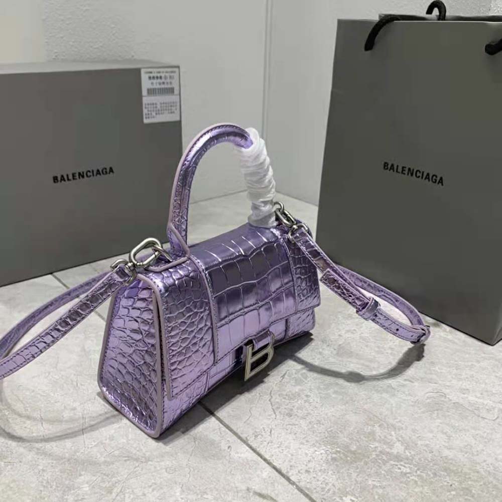 Balenciaga Women Hourglass XS Handbag Metallized Crocodile Embossed in Purple - image 4