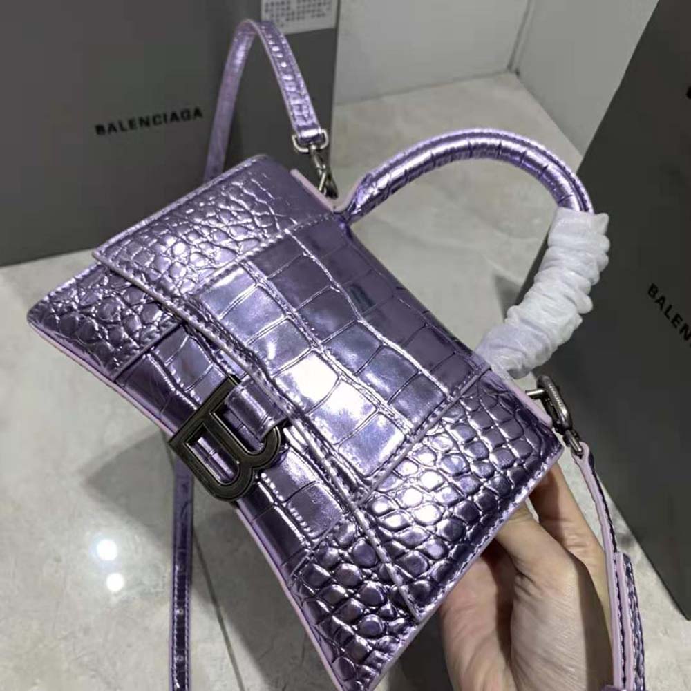 Balenciaga Women Hourglass XS Handbag Metallized Crocodile Embossed in Purple - image 7