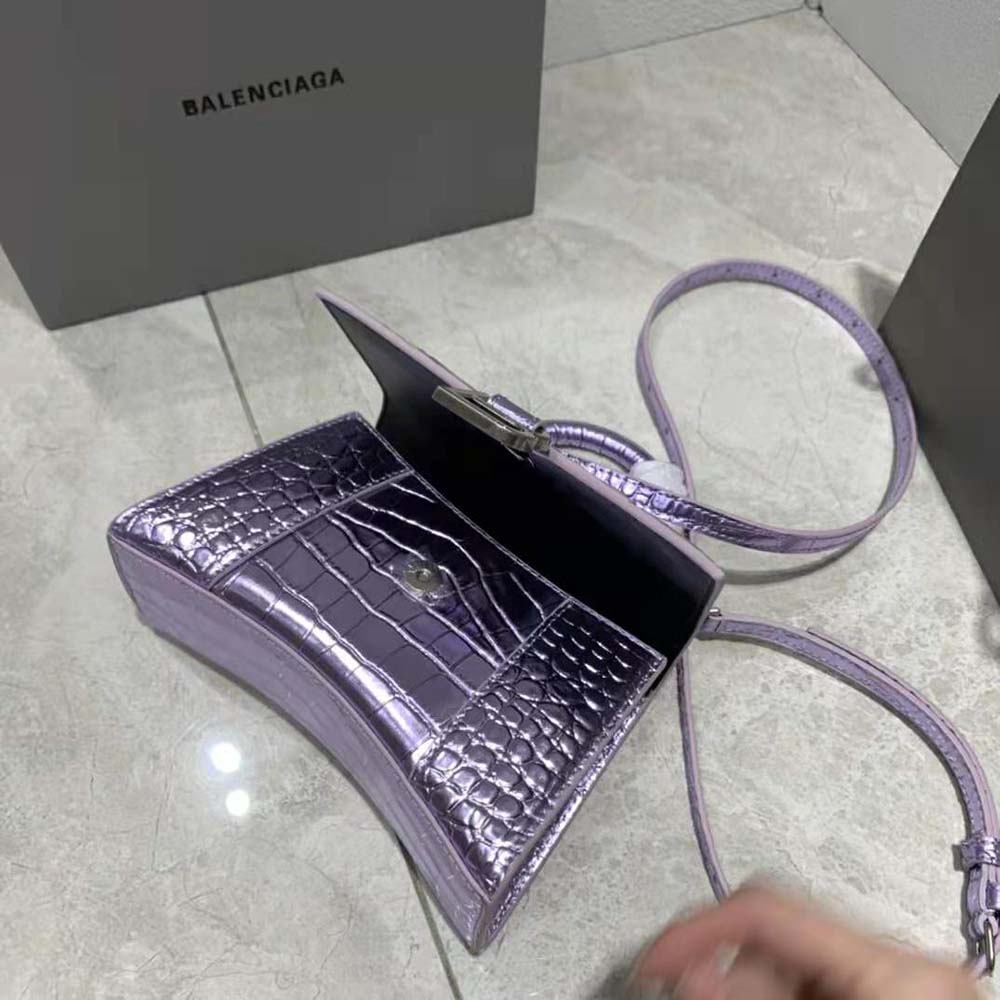 Balenciaga Women Hourglass XS Handbag Metallized Crocodile Embossed in Purple - image 6
