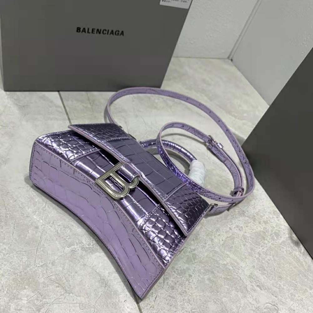 Balenciaga Women Hourglass XS Handbag Metallized Crocodile Embossed in Purple - image 5
