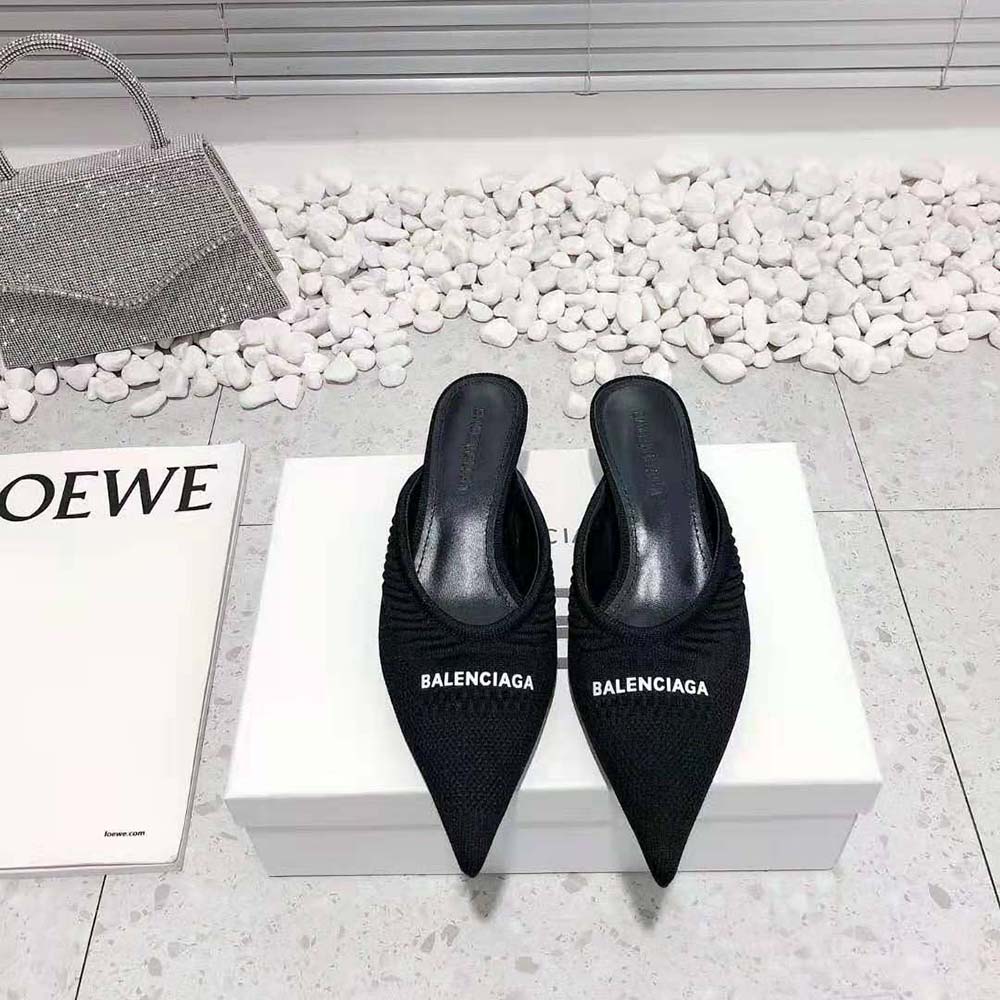 Close-up of textured recycled knit upper on Balenciaga Women Knife 2 0 Mule