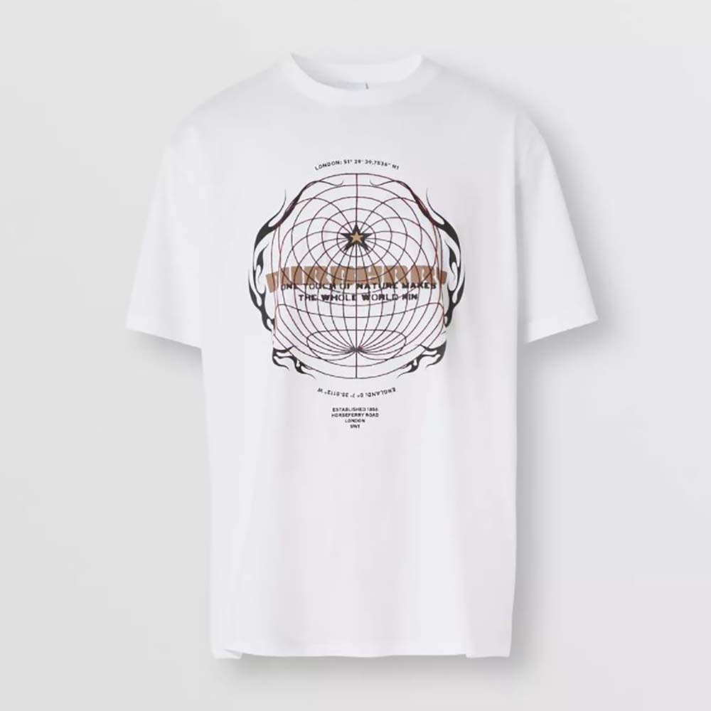 Front view of Burberry Men Globe Graphic Print Cotton Oversized T-shirt-White