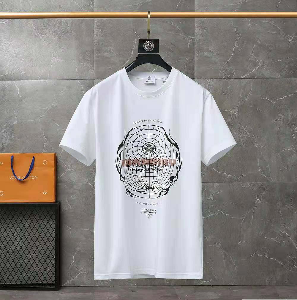 Close-up of globe graphic print on Burberry oversized white T-shirt
