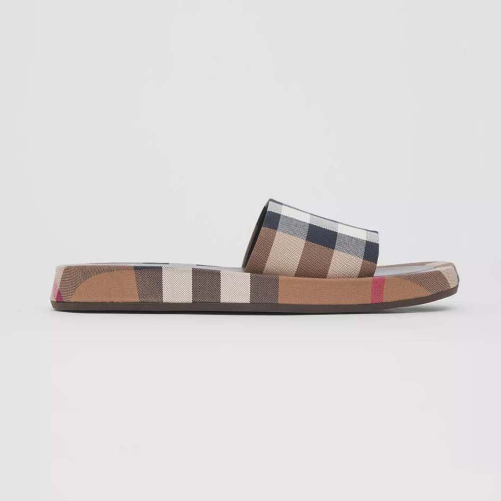 Side view of Burberry Women Check Cotton Slides Containing Organic Cotton-Brown