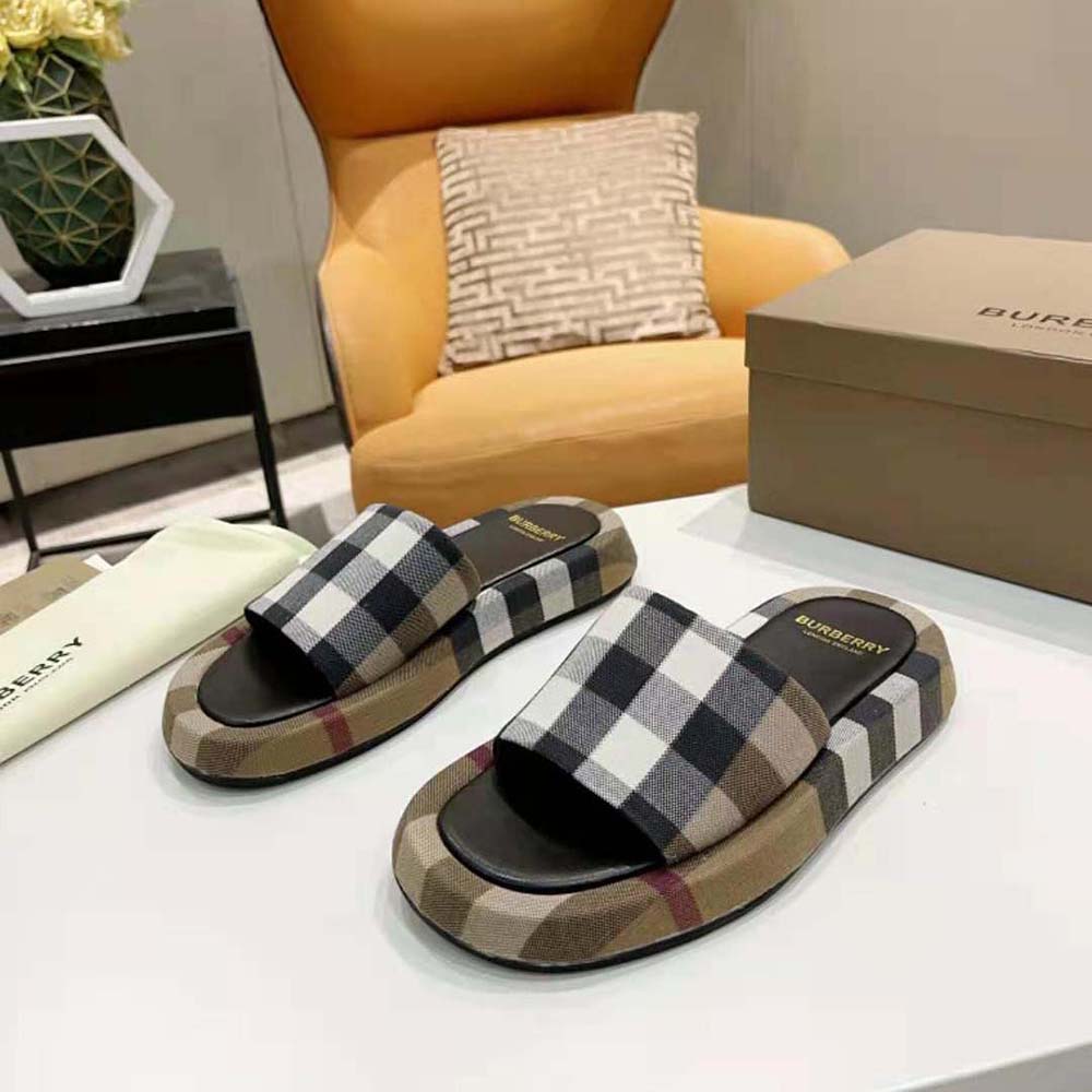 Top angle showcasing footbed and slip-on silhouette of Burberry cotton slides