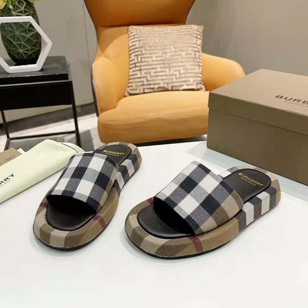 Burberry Women Check Cotton Slides Containing Organic Cotton-Brown - image 4
