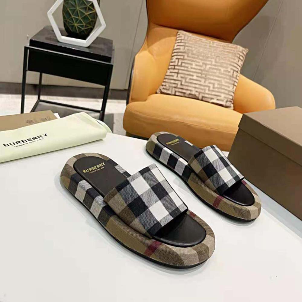 Burberry Women Check Cotton Slides Containing Organic Cotton-Brown - image 5