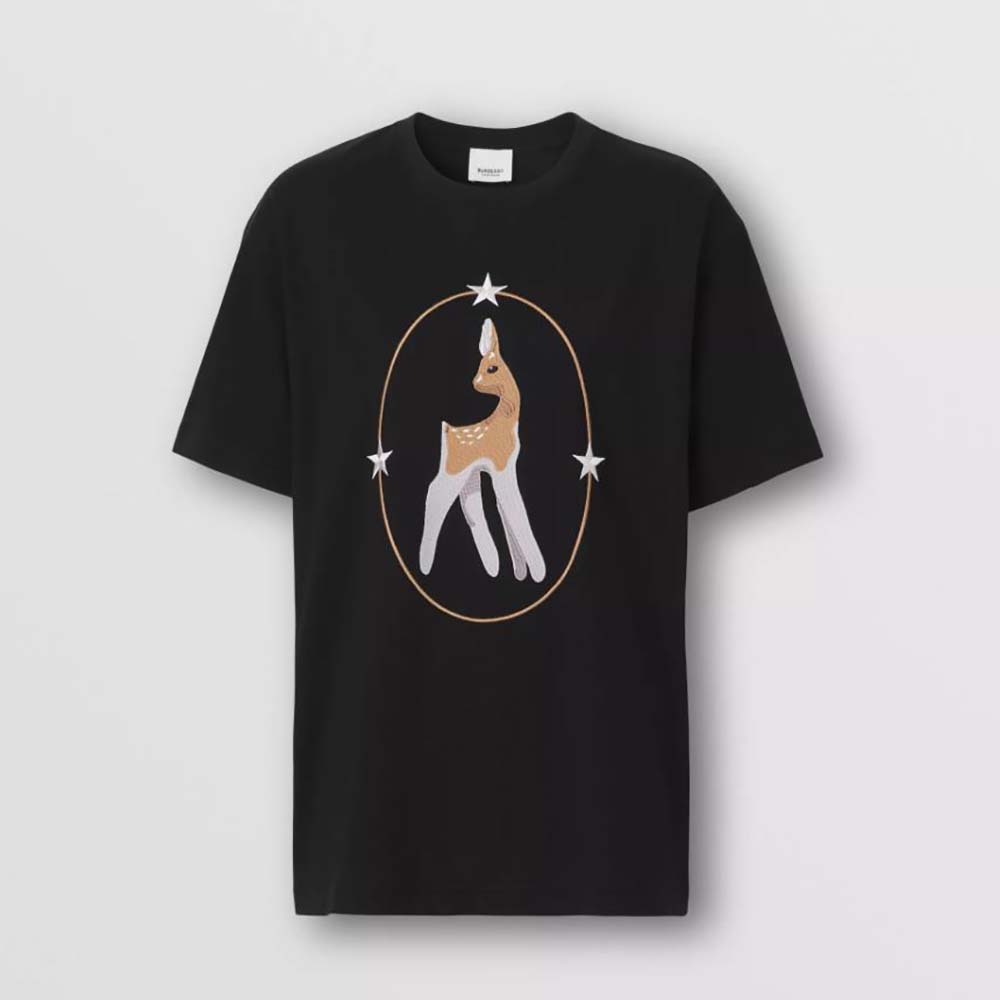 Front view of Burberry Men Deer Graphic Cotton Oversized T-shirt-Black