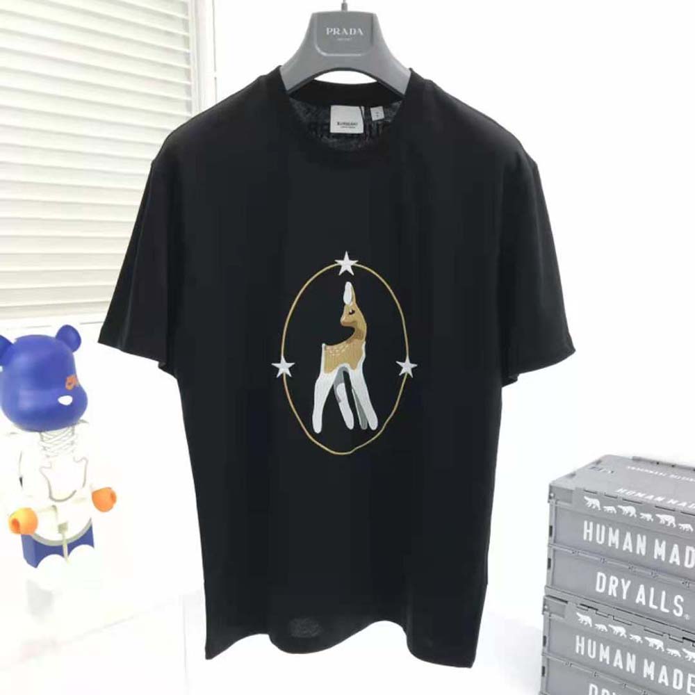 Close-up of Burberry deer graphic on black oversized T-shirt