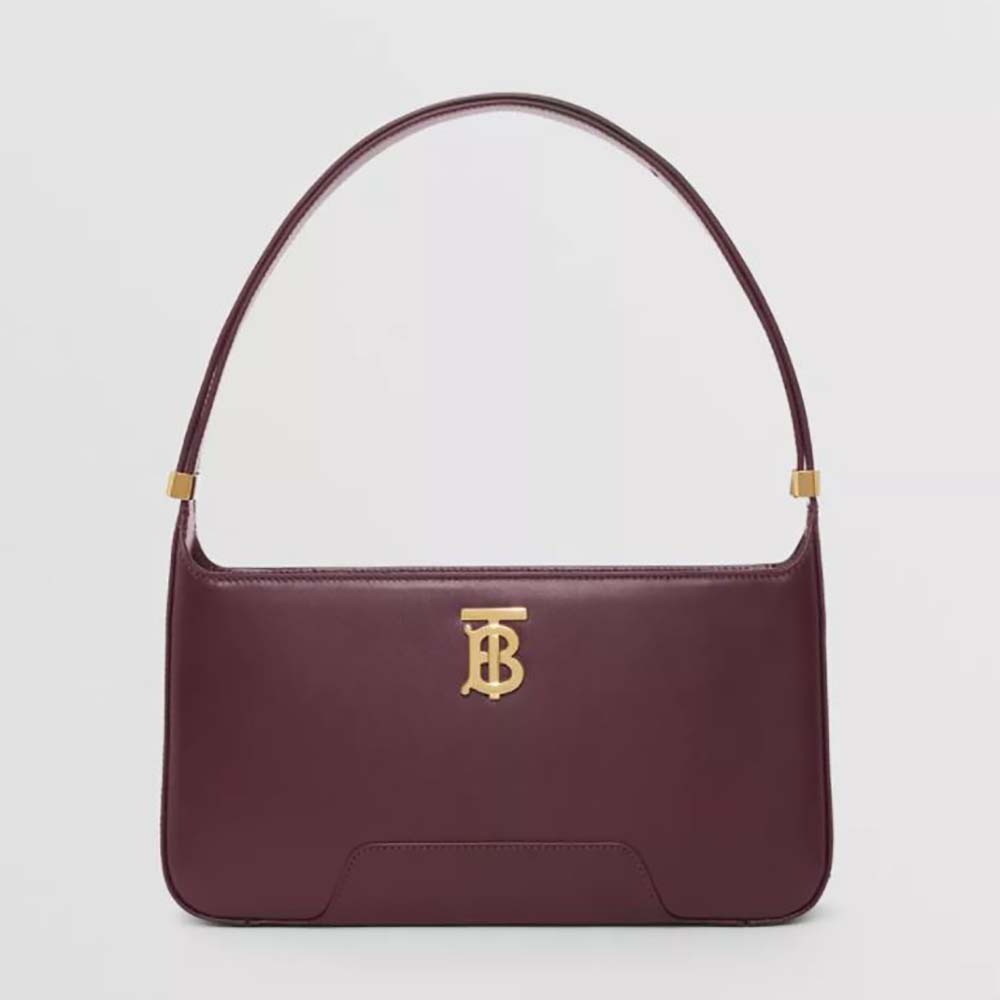 Front view of Burberry Women Leather TB Shoulder Bag in maroon leather