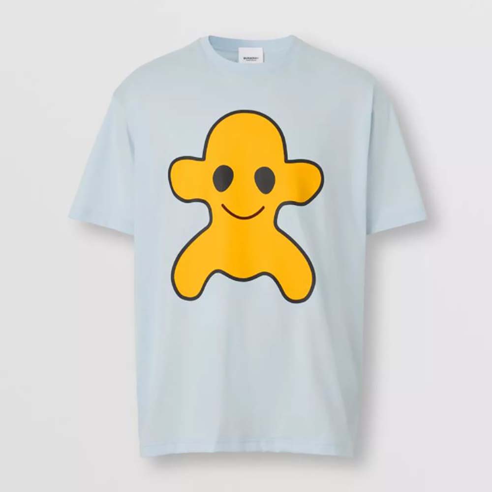 Front view of Burberry Men Monster Graphic Print Cotton Oversized T-shirt-Blue