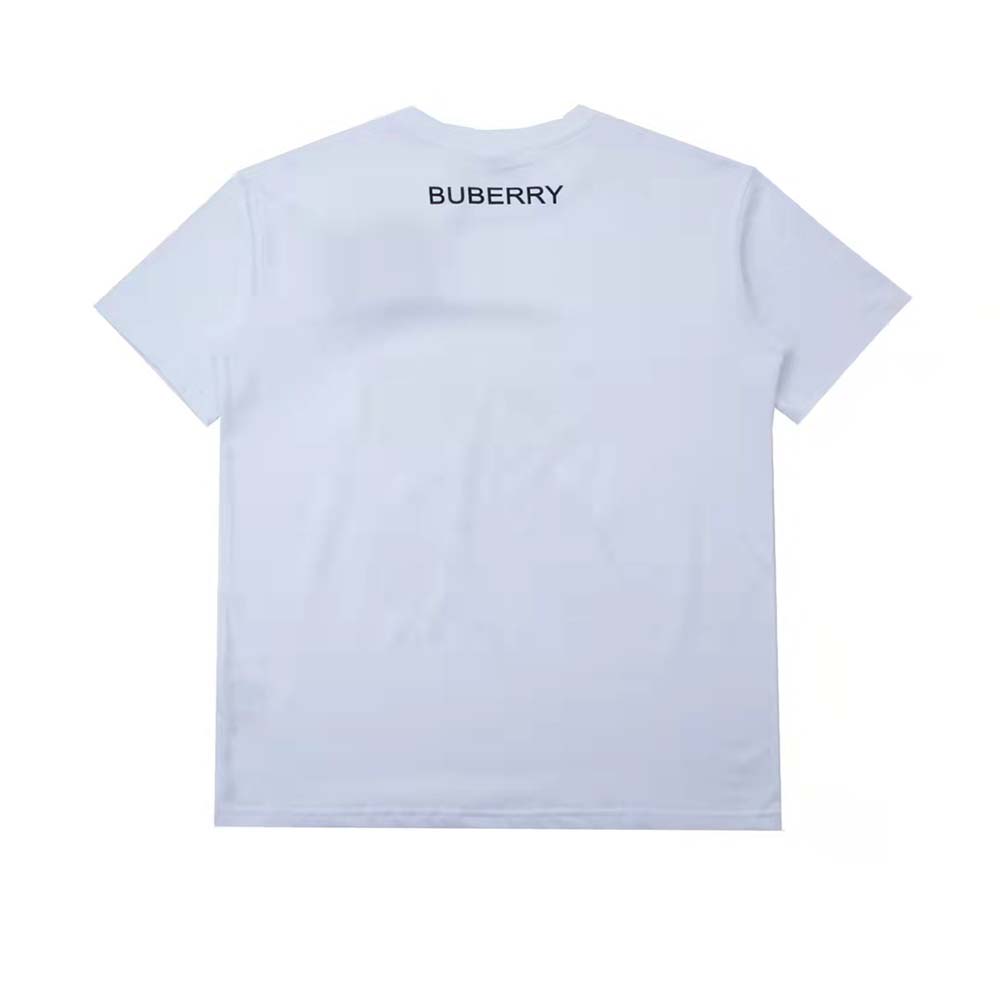 Back angle showing relaxed oversized fit of Burberry Men Monster Graphic Print Cotton Oversized T-shirt-Blue