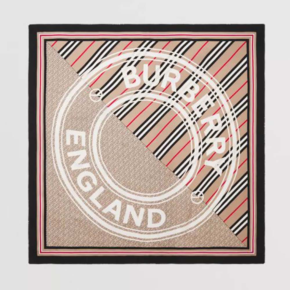 Front view of Burberry Women Montage Print Silk Square Scarf folded neatly