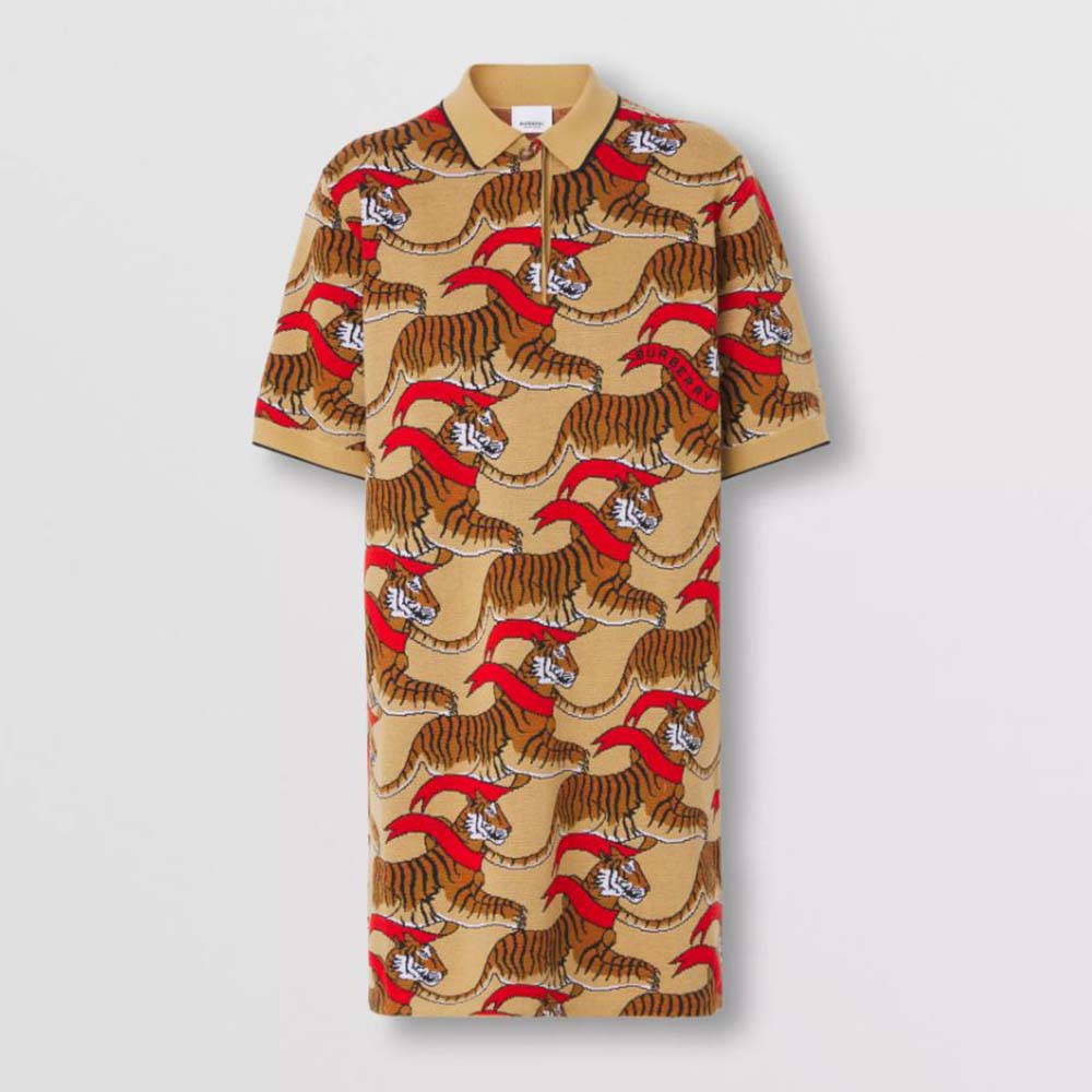 Front view of Burberry Women Tiger Graphic Technical Wool Jacquard Dress