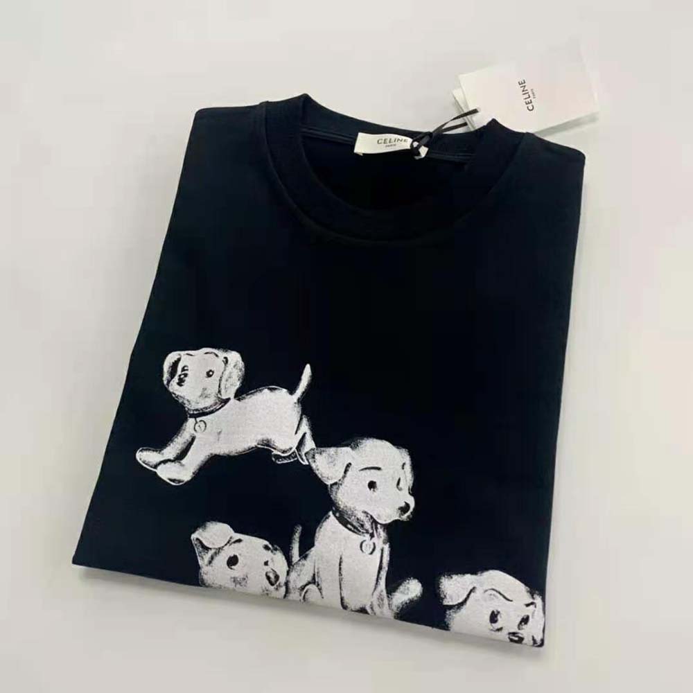 Close-up of black cotton fabric and artist print on Celine loose T-shirt