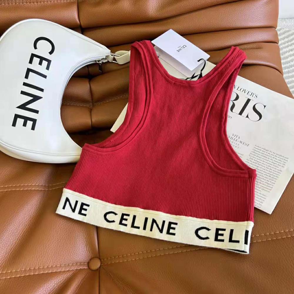 Side angle showing fitted silhouette of Celine Women Athletic Knit Bra Top-Red