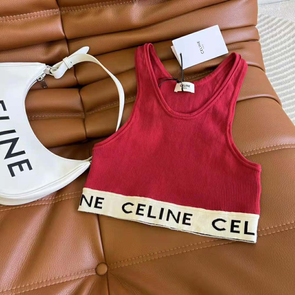 Close-up detail of knit fabric and logo on Celine Women Athletic Knit Bra Top-Red