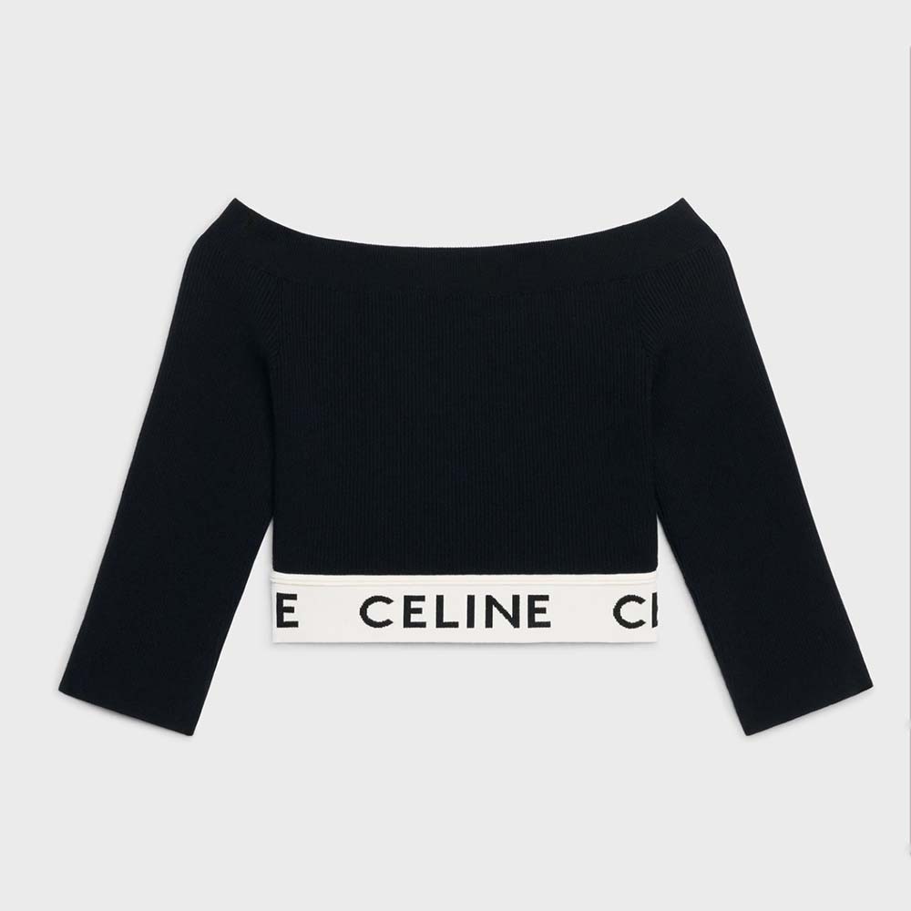 Front view of Celine Women Athletic Knit Crop Top-Black on mannequin