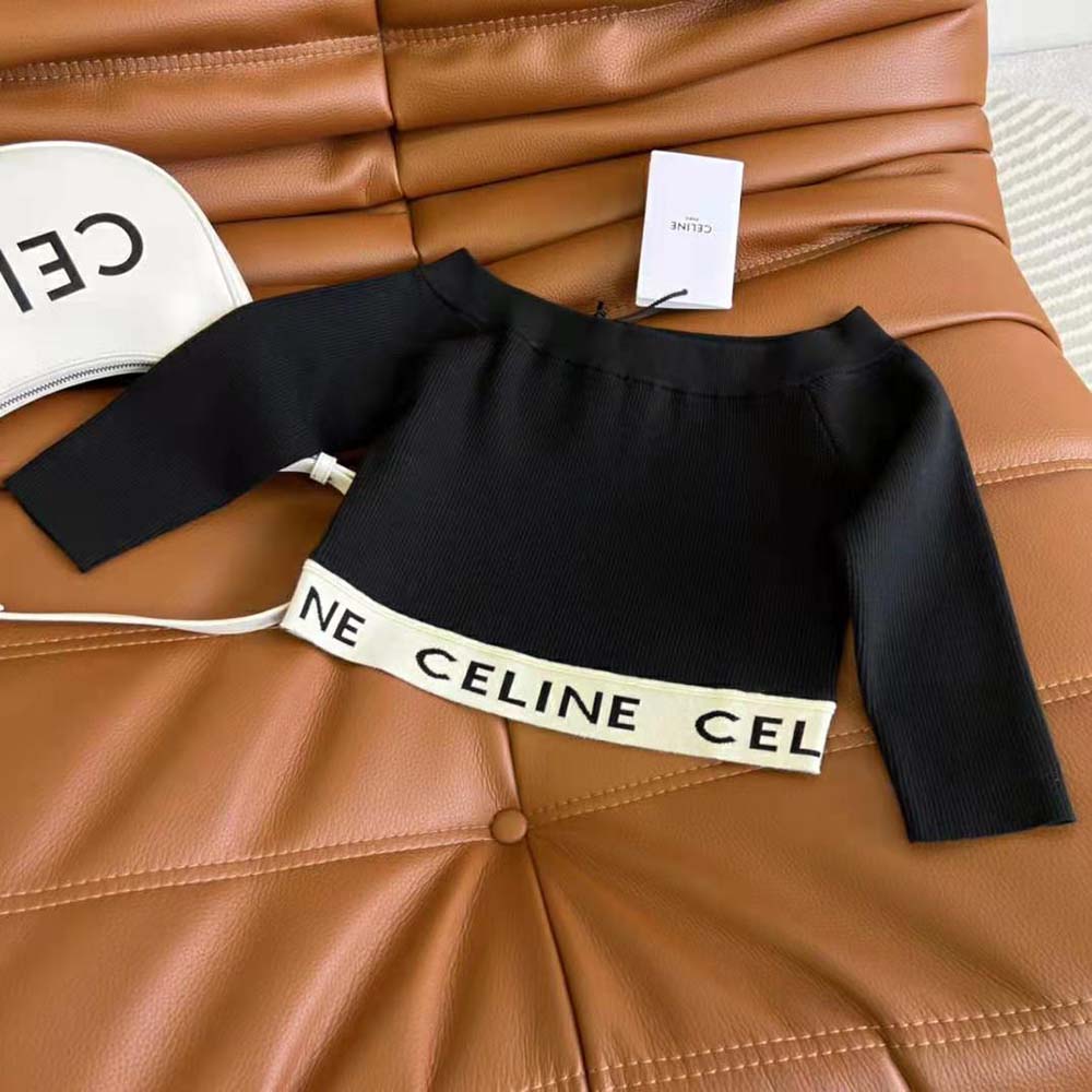 Close-up of knit texture and Celine logo detail on black crop top