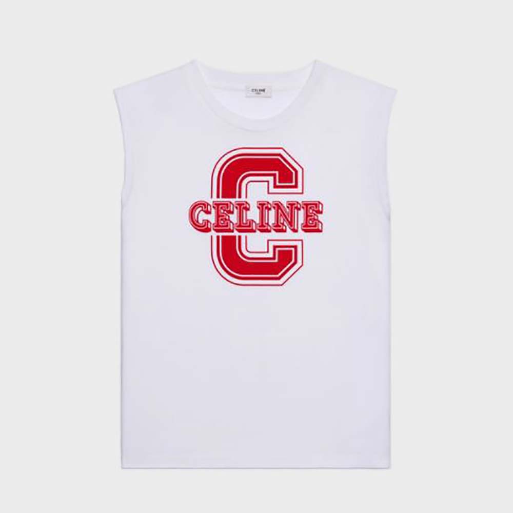 Front view of Celine Men C Cotton Jersey Tank Top-White with subtle logo