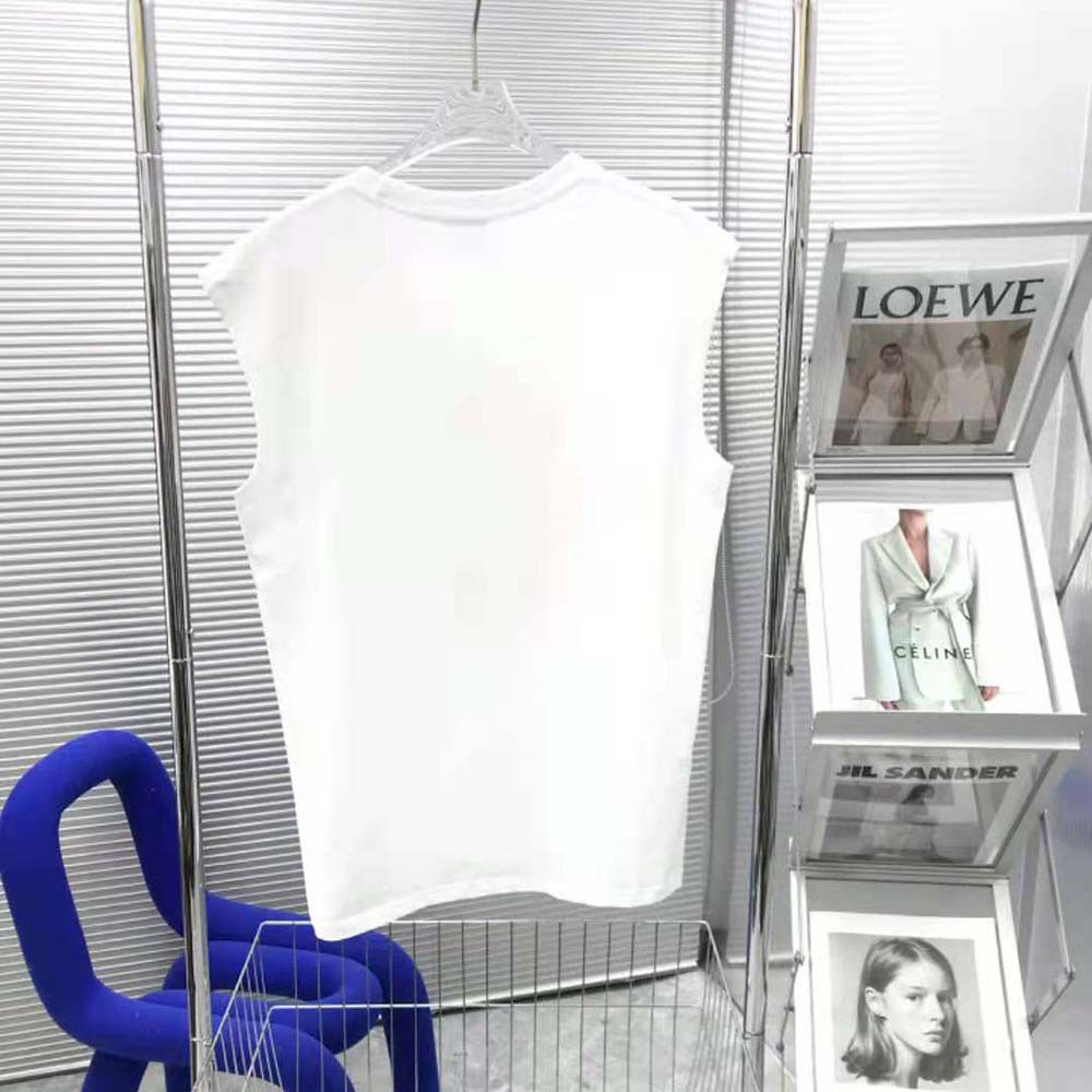 Side angle showing slim fit silhouette of Celine Men C Cotton Jersey Tank Top-White
