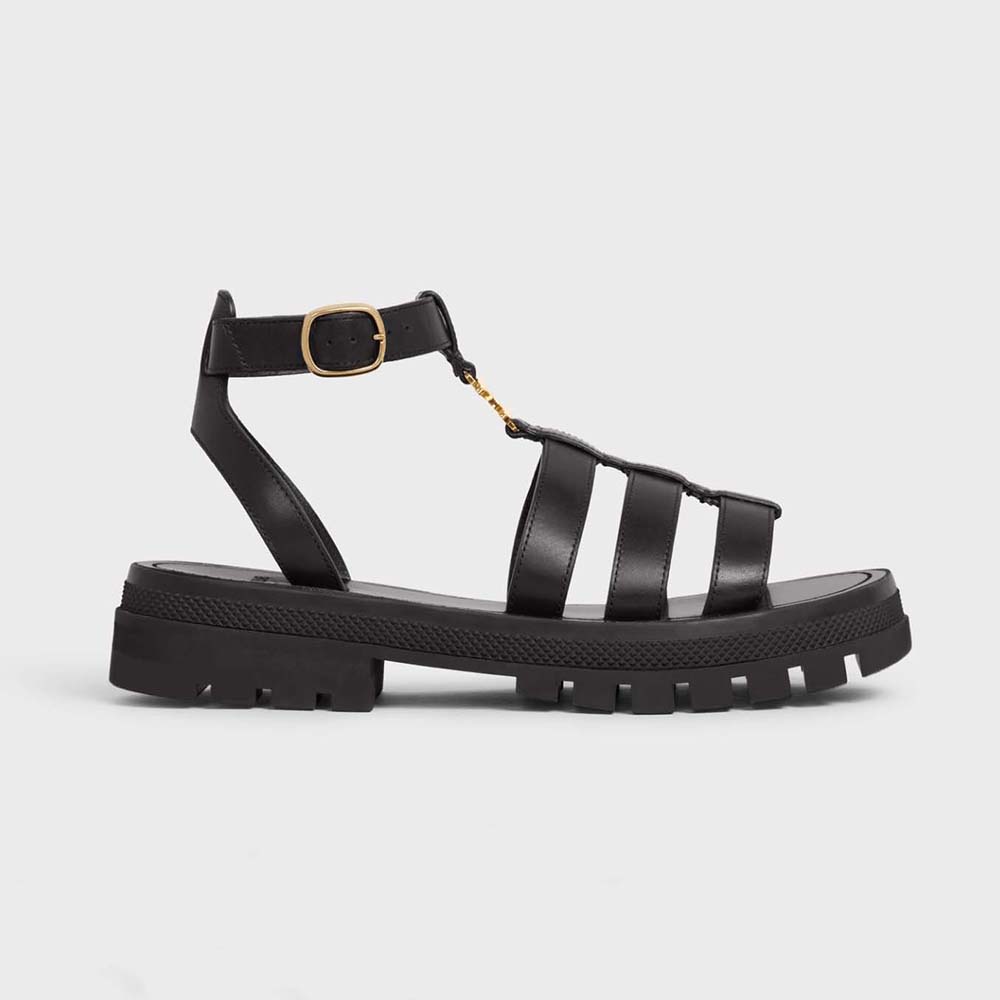 Side profile of Celine Women Clea Triomphe Gladiator Chunky Sandal black leather