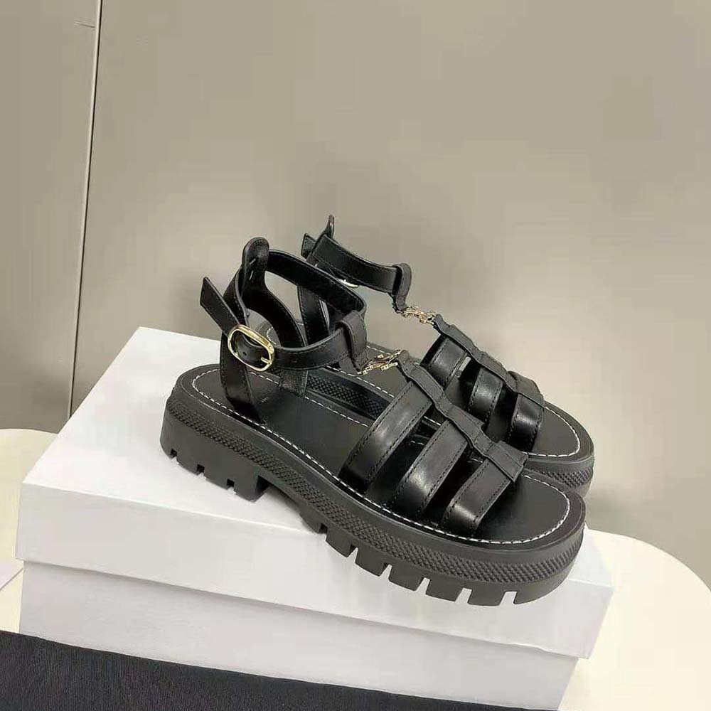 Overhead view of black Celine Women Clea Triomphe Gladiator Chunky Sandal showcasing straps