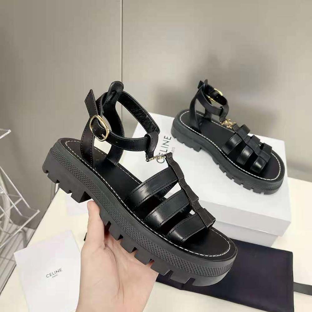 Celine Women Clea Triomphe Gladiator Chunky Sandal in Vegetal Calfskin-Black - image 6