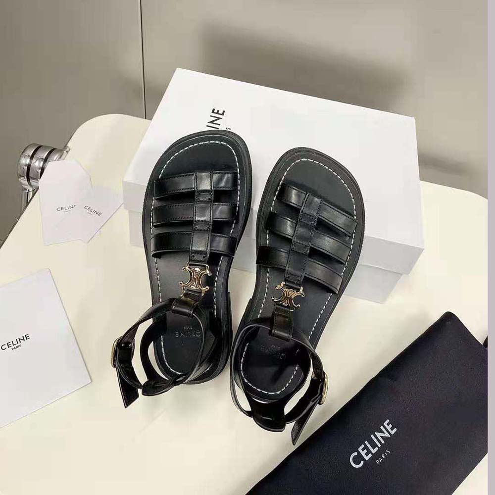 Celine Women Clea Triomphe Gladiator Chunky Sandal in Vegetal Calfskin-Black - image 4
