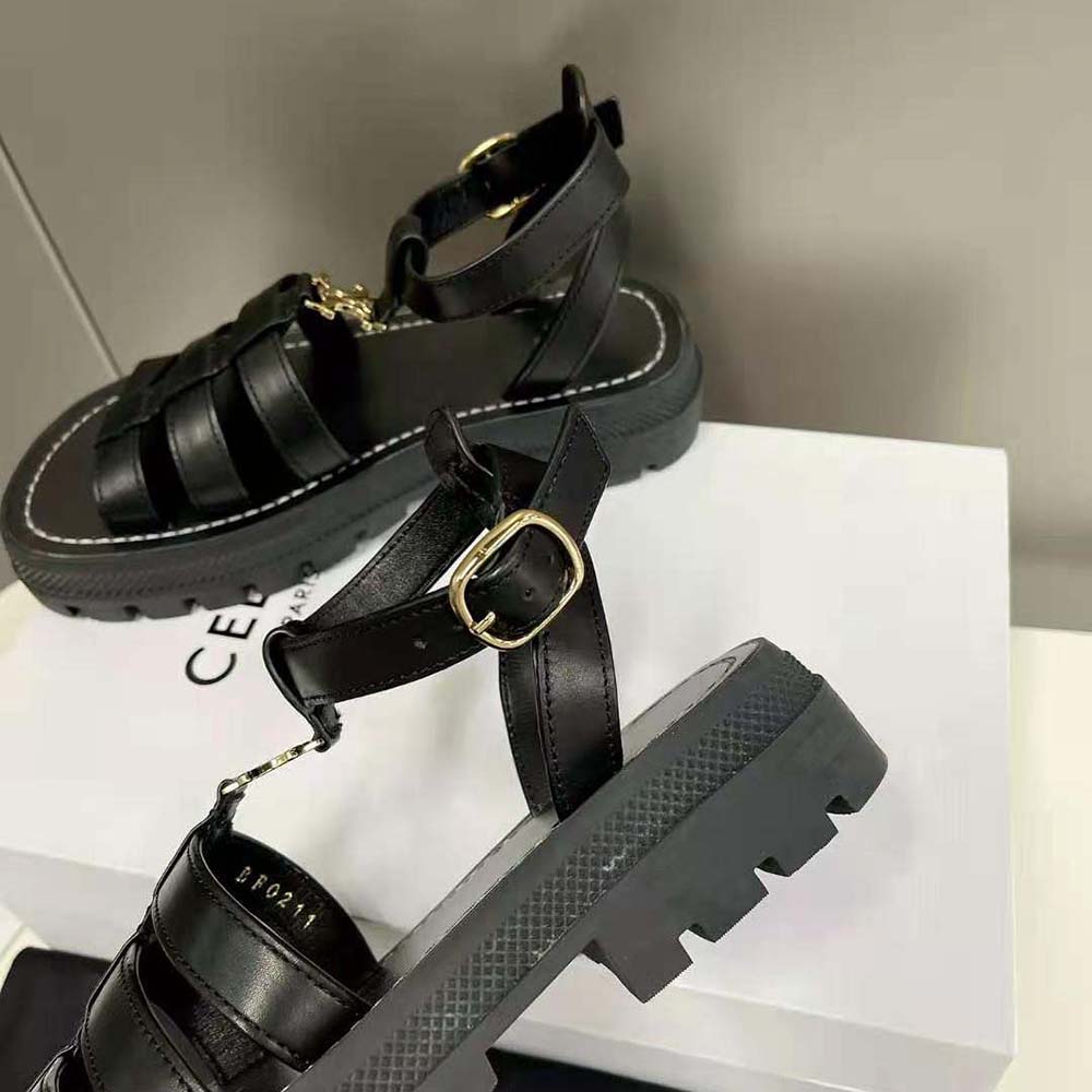 Celine Women Clea Triomphe Gladiator Chunky Sandal in Vegetal Calfskin-Black - image 9