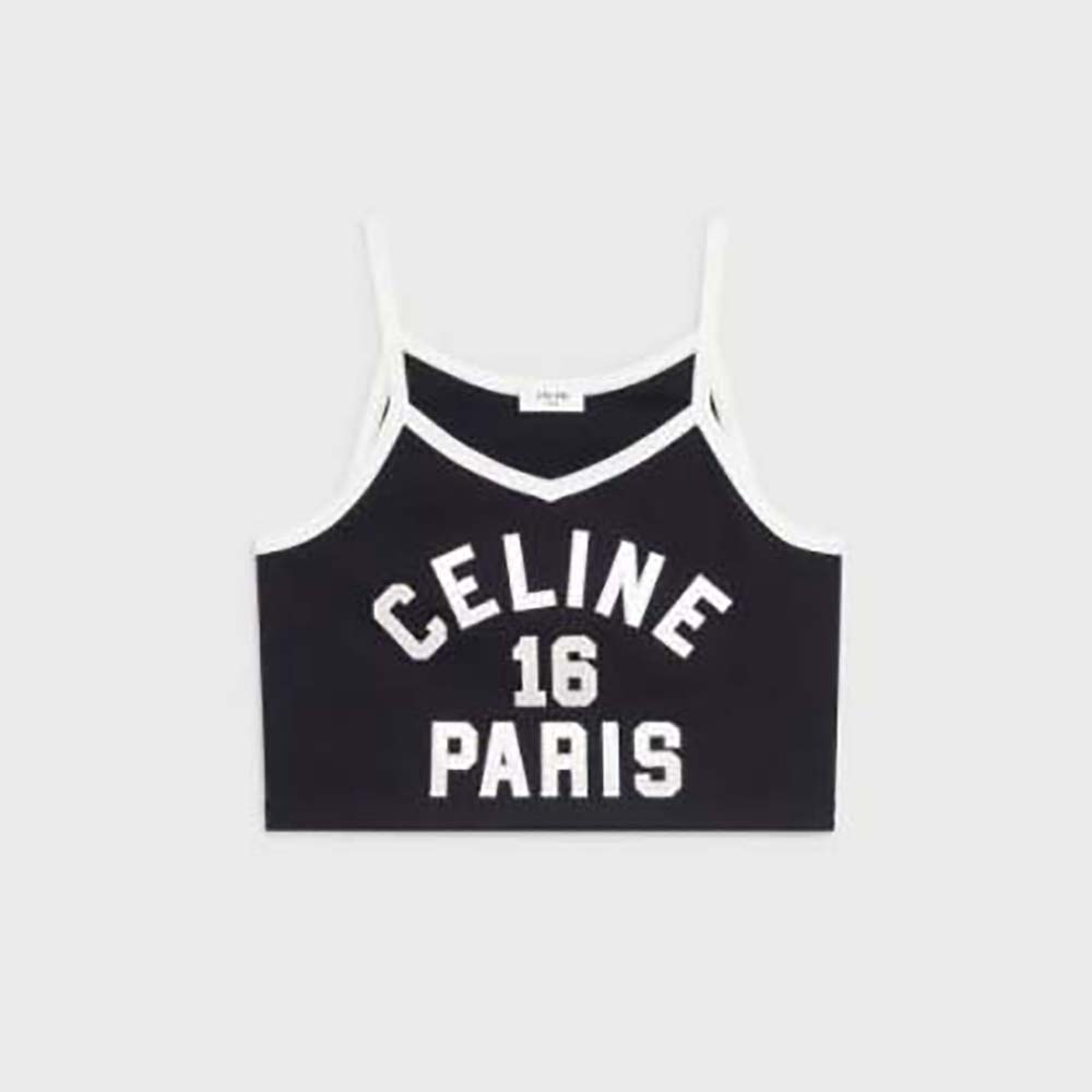 Front view of Celine Women Embroidered Celine 16 Vest Top in Cotton Jersey-Black