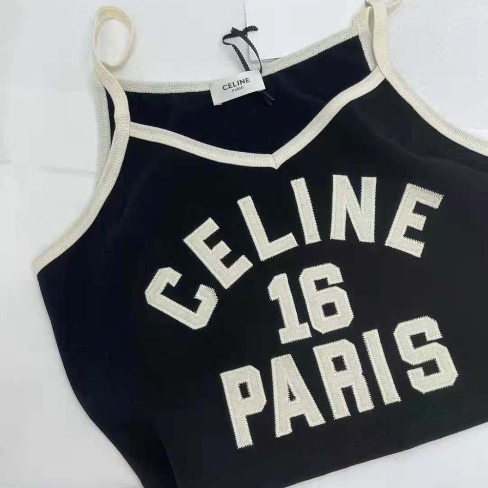 Celine Women Embroidered Celine 16 Vest Top in Cotton Jersey-Black - image 5