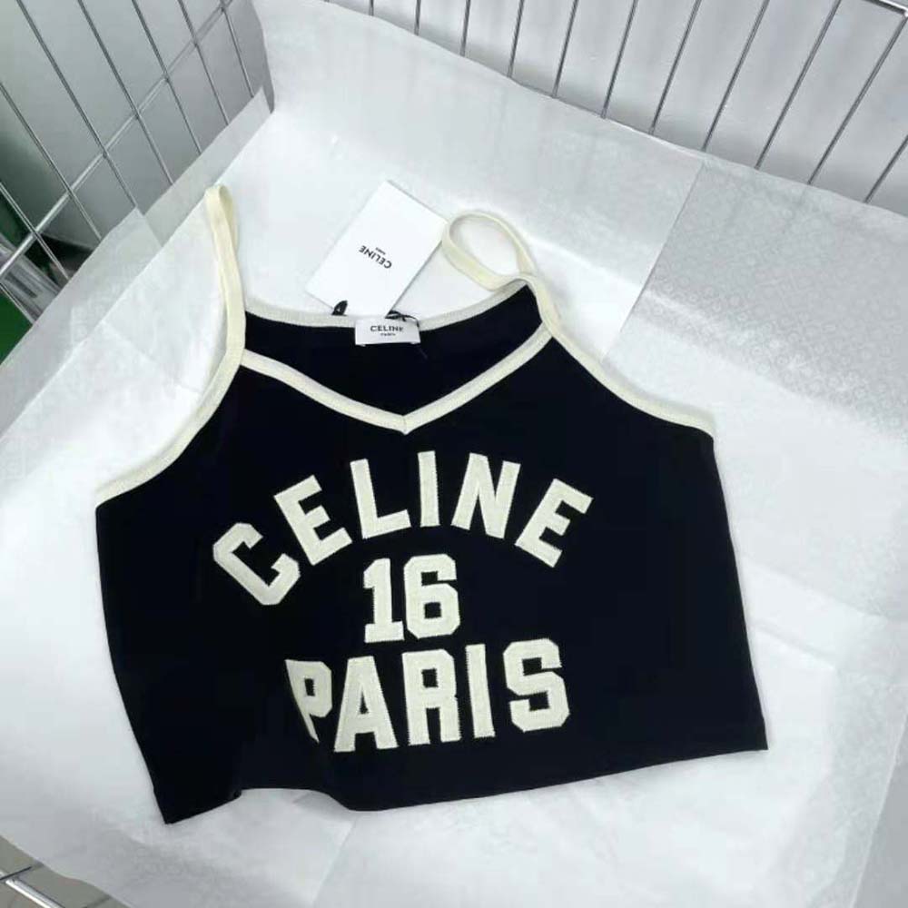 Close-up detail of embroidered Celine logo on black cotton jersey vest top