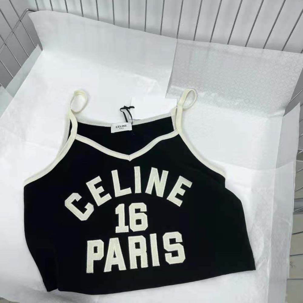 Side angle showing slim fit of Celine Women Embroidered Celine 16 Vest Top