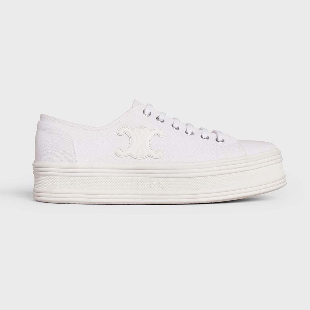 Side view of Celine Women Jane Low Lace-up Sneaker in white canvas and calfskin
