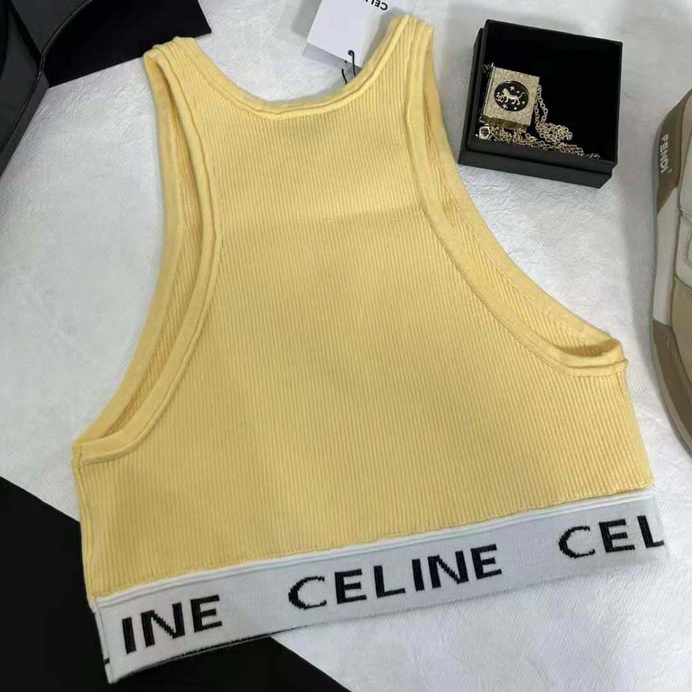 Side angle highlighting silhouette of Celine Women Mesh Sports Bra-Yellow