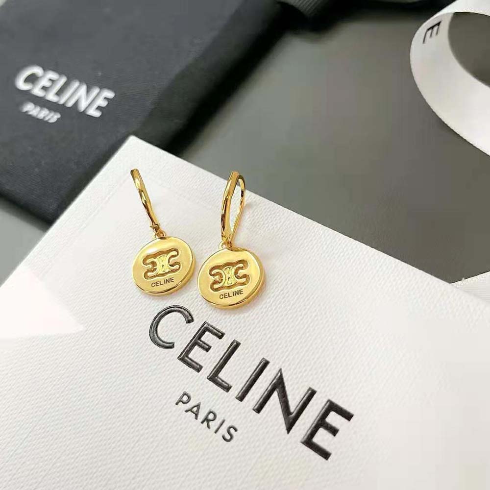 Side angle of Celine Women Triomphe Swivel Earrings highlighting swivel clasp