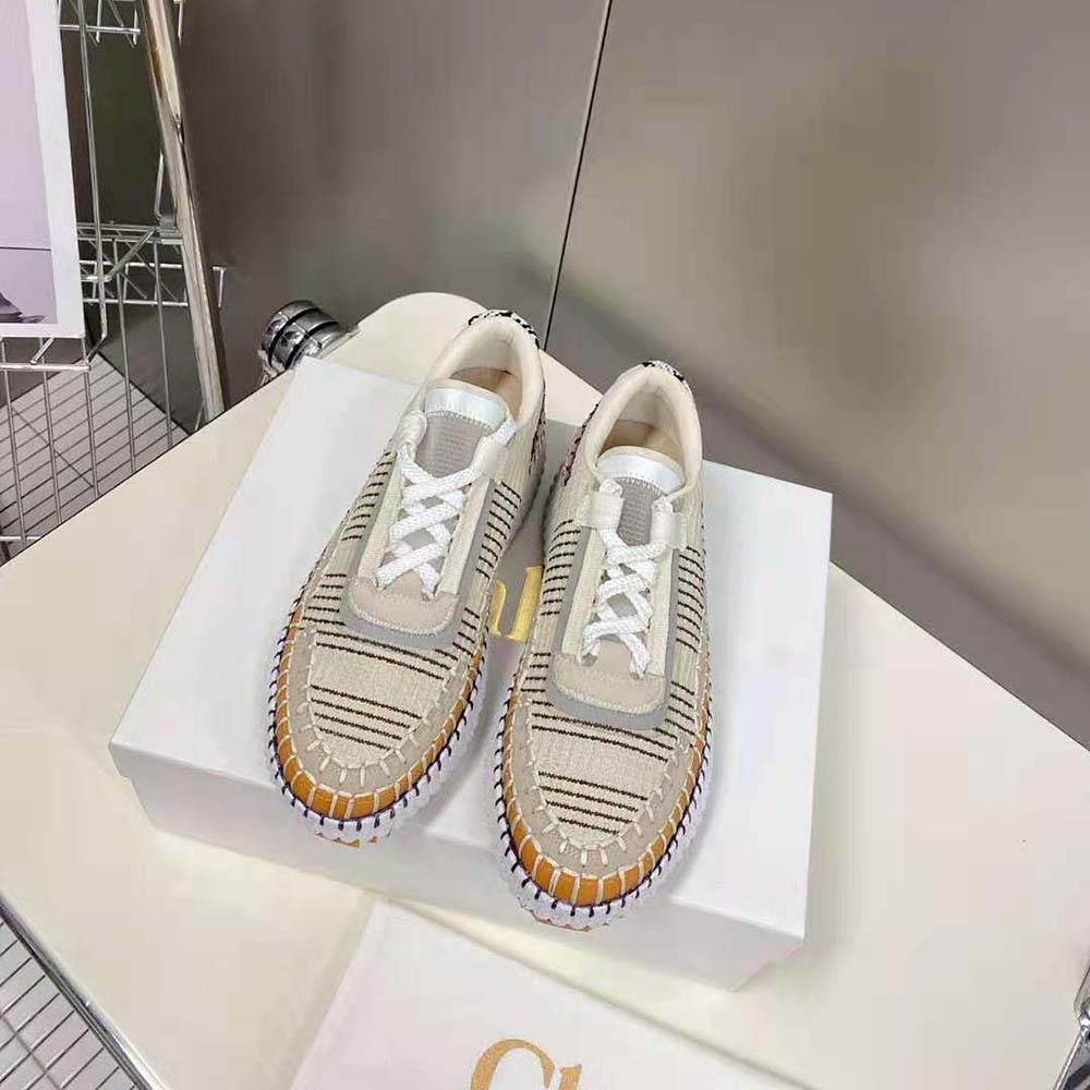 Close-up detail of beige recycled mesh on Chloe Women Nama Sneaker