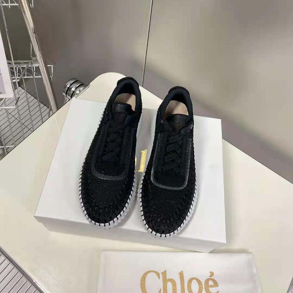 Close-up of recycled mesh and embossed logo on Chloe Women Nama Sneaker
