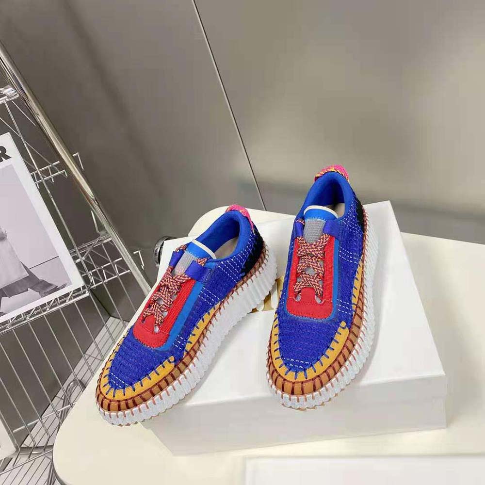 Close-up of blue recycled mesh detailing on Chloe Women Nama Sneaker